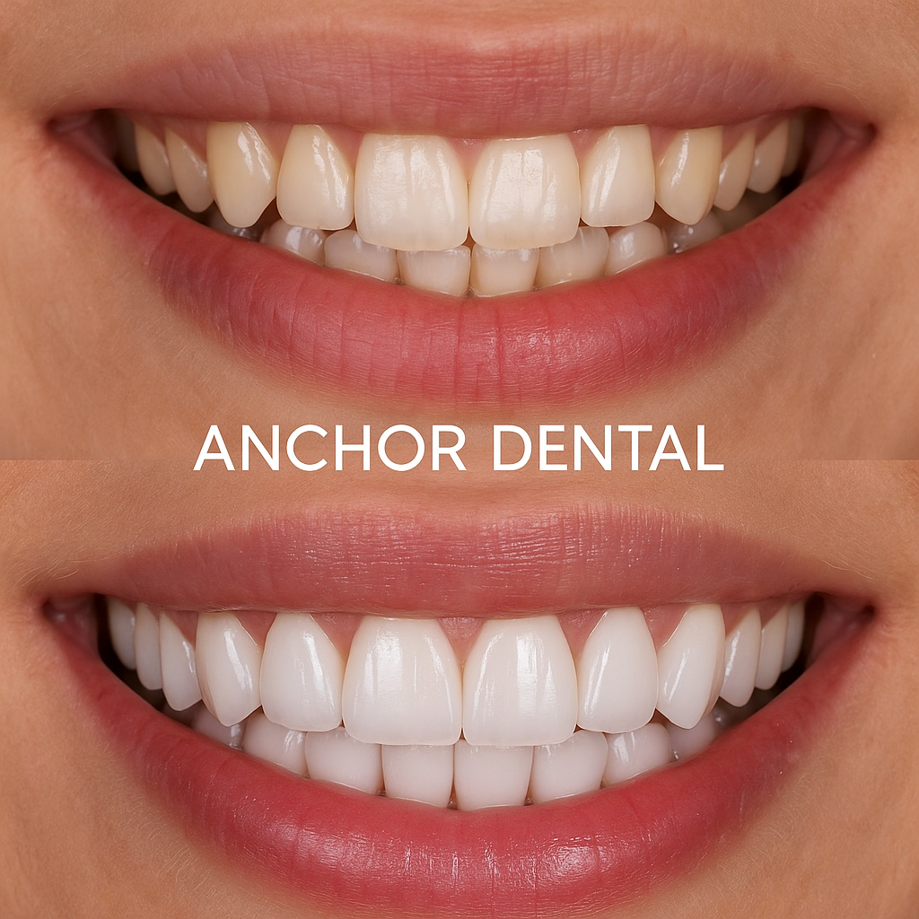 Before and after porcelain veneers showing natural smile transformation — upper image with original teeth, lower image with brighter, even veneers.